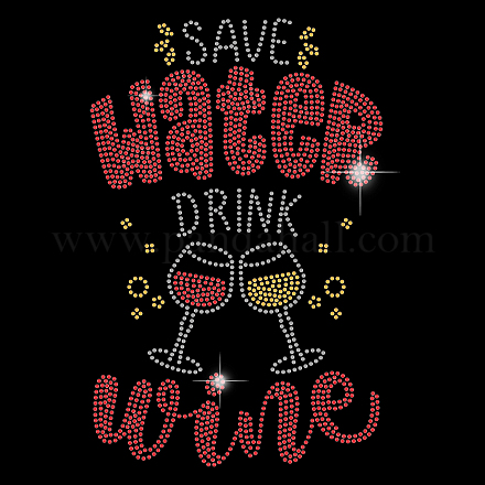 SUPERDANT Iron on Rhinestones Heat Transfer Patch Design Save Water Drink Wine Funny Party Costume T-Shirt Crystal Heat Transfer Hot fix Rhinestone Bling DIY Decals for Vest Jacket Decorations DIY-WH0303-132-1
