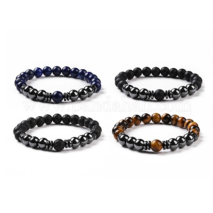 4 pièces hématite synthétique et agate noire naturelle (teinte) et pierre de lave et perles d'oeil de tigre ensemble de bracelets extensibles pour femmes hommes BJEW-JB08938-1