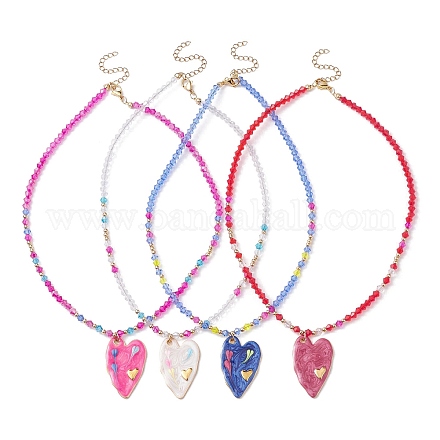 304 ожерелье с подвеской в форме сердца из эмали из нержавеющей стали и цепочками из стеклянных бусин NJEW-JN04465-1