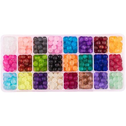 Pandahall 1 caja (aproximadamente 480 piezas) 24 colores 8 mm kits de surtido de cuentas de vidrio redondas transparentes esmeriladas para hacer joyas agujero: 1.3-1.6 mm GLAA-PH0006-01-1