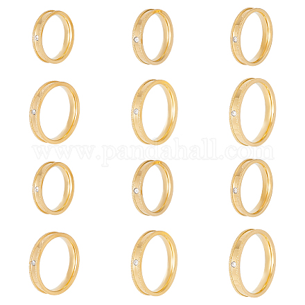 Unicraftale 12 個 6 サイズクリスタルラインストーン溝付き指輪セット  女性のためのステンレス鋼ジュエリー  ゴールドカラー  内径：16~21.2mm  2pcs /サイズ RJEW-UN0002-72G-1