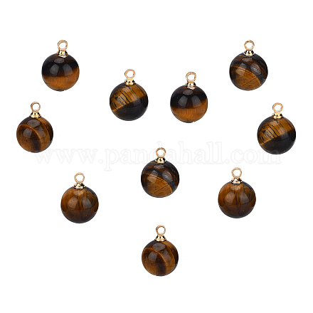 SUNNYCLUE 1 Box 10Pcs Round Natural Gemstone Charms Tiger Eye Charm Bead with Golden Brass Loops for Necklaces Bracelets Earring Jewelry Making Starter Supplies G-SC0001-49C-1