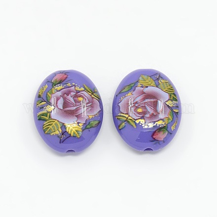 Flower Printed Acrylic Flat Oval Beads SACR-O001-05D-1