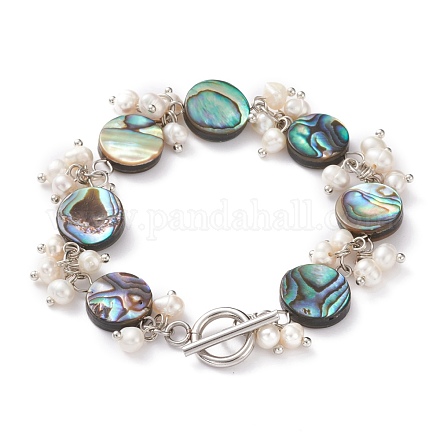 Bracelets de perles en coquille d'ormeau naturelle ronde plate/coquille de paua BJEW-JB05776-04-1