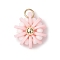 Handmade Polymer Clay & Glass Seed & Brass Pendants, Flower, with 304 Stainless Steel Jump Rings, Lavender Blush, 15x14x6mm