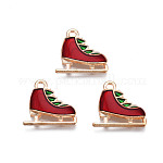Navidad colgantes de esmalte de la aleación, sin plomo y cadmio, la luz de oro, Zapatos de patinaje, de color rojo oscuro, 14x15x3mm, agujero: 1.5 mm