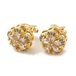 Pendientes de clip de girasol de latón chapado en oro real de 18k con revestimiento en rack, con óxido de circonio cúbico y vidrio, Plateado de larga duración, sin plomo y el cadmio, Claro, 11.5x11.5x16mm