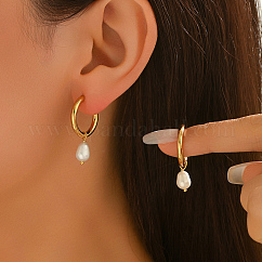 Boucles d'oreilles créoles en acier inoxydable en forme de larme, avec perle d'eau douce, or, 30x6mm