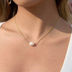 Collar con colgante de perlas de agua dulce naturales y cadena de acero inoxidable 304 para mujer., blanco floral, real 18k chapado en oro, 15.94 pulgada (40.5 cm)