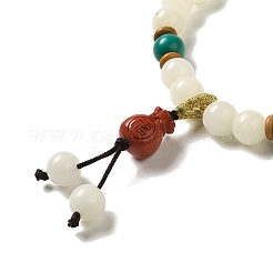 Bracelet extensible en perles de racine de bodhi en turquoise synthétique et jade blanc avec breloque de sac porte-bonheur au cinabre&nbsp;BJEW-B080-02