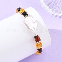 Bracelets coulissants ajustables en perles baroques keshi rectangulaires et perles d'ambre naturel&nbsp;BJEW-JB14505