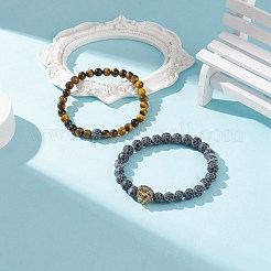 2 pièces 2 style agate patinée naturelle (teinte) et œil de tigre bracelets extensibles perlés ronds sertis de lion en alliage&nbsp;BJEW-JB08654