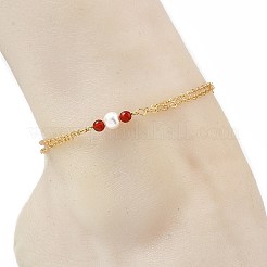 Tobilleras de perlas redondas blancas y cuentas de cornalina natural&nbsp;AJEW-AN00835-02