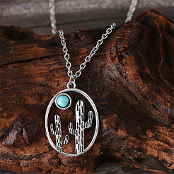 Ожерелье из сплава с овальным подвесным украшением из синтетической бирюзы в виде кактуса.&nbsp;FS-WG3DEAB-03