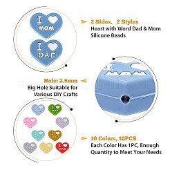 9 pièce de perles en silicone en forme de cœur bicolore avec les mots « papa et maman »&nbsp;SIL-FH0001-12