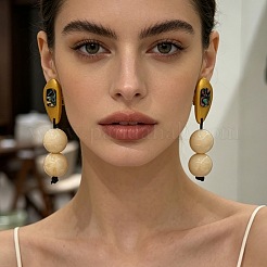 Pendientes de botón de madera y vidrio para mujer&nbsp;WG46741-01