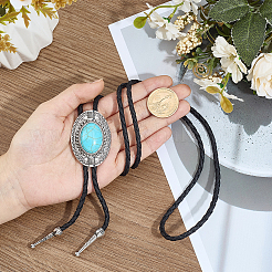 1 Stück ovaler Anhänger aus Legierung und synthetischem Türkis mit schwarzem PU-Lederband im Boho-Stil (Lariat-Halskette)&nbsp;NJEW-GF0001-23