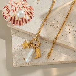 Collares con colgante de estrella de mar con forma de bota de acero inoxidable 304 con perla de imitación&nbsp;NO1573