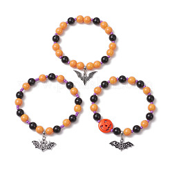 3 pezzo 3 stili tema Halloween vetro dipinto a forno e onice nero naturale (tinto e riscaldato) e turchese sintetico braccialetti elastici rotondi con perline&nbsp;BJEW-MZ00188