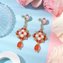Boucles d'oreilles rondes en perles de verre et perles de verre faites à la main&nbsp;EJEW-MZ00280-03