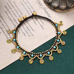 Женские браслеты на ногу из вощеного шнура с кисточками из латунного сплава в богемном стиле&nbsp;FS-WGC5E81-02