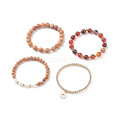 Set di braccialetti elasticizzati con perline in legno naturale e perle e agata in stile 4 pz&nbsp;BJEW-JB08819
