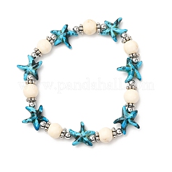 Pulseras elásticas de cuentas de turquesa sintética y latón con forma de estrella de mar&nbsp;BJEW-JB12408-03