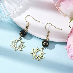 Серьги-подвески из натурального обсидиана с цветком&nbsp;EJEW-JE06690