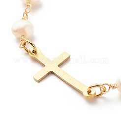 Bracciale a maglie incrociate in acciaio inossidabile 201 con catene di perle naturali per donna&nbsp;X-BJEW-JB08543