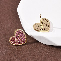 Сердце из латуни микро проложить кубического циркония серьги стержня&nbsp;EJEW-H178-01G-01