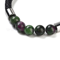 Pulseras de cordón de cuero trenzado con cuentas redondas de rubí natural en zoisita para hombres y mujeres&nbsp;BJEW-A009-11P-09