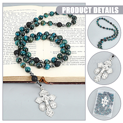 Collane di perline rotonde in occhio di tigre blu cadetto naturale tinto e ematite sintetica non magnetica e pietra lavica&nbsp;HJEW-DC00192