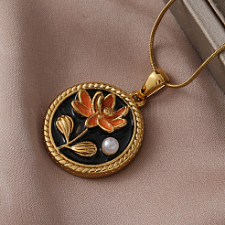 Женские ожерелья с подвеской в виде цветка из хирургической нержавеющей стали 316 с эмалью и имитацией жемчуга&nbsp;AK2795