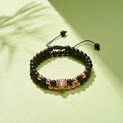2pcs 2 bracelets de perles tressées en obsidienne naturelle et hématite synthétique serties de léopard en zircone cubique&nbsp;BJEW-JB08119