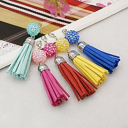 Fashion Pendant Decorations Backpack Charms, with Resin Rhinestone Beads, Suede Tassels Pendants and Alloy Lobster Claw Clasps, Mixed Color, 90mm