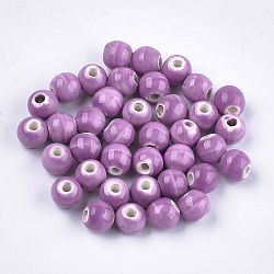 Perles en porcelaine manuelles, style de porcelaine émaillée lumineux, ronde, moyen orchidée, 7.5~8x7~7.5mm, Trou: 2~2.5mm