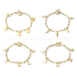 Bracelets à breloques en acier inoxydable doré 304 avec chaînes à trombones en laiton, formes mixtes, 7-1/2~7-5/8 pouce (19.2~19.3 cm)