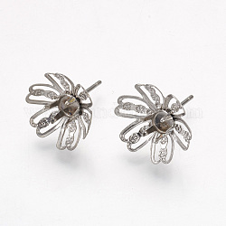 304 Stainless Steel Ear Stud Components, 6-Petal, Flower, Stainless Steel Color, 15mm, Flower: 14x4.5mm, Tray: 4mm, Pin: 0.7mm