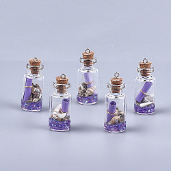 Decorazioni pendenti in vetro per bottiglie di auguri, con resina, carta e scocca, con tappo in sughero e reperti in ferro, viola medio, 40~42x16mm, foro: 2mm.