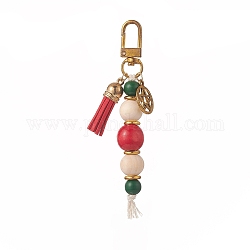 Wooden Beaded Tassel Pendant Decoration, with Alloy Swivel Clasps and Flat Round with Star Charms, Mixed Color, 113mm, Hole: 10x7mm
