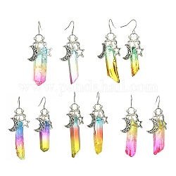 Boucles d'oreilles pendantes en cristal de quartz naturel teint, longues boucles d'oreilles pendantes en alliage lune et étoile, couleur mixte, 50~65x5~12mm