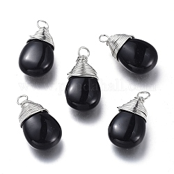 Natural Obsidian Pendants, with Platinum Plated Brass Wire, Teardrop, 24~30x13~16x8mm, Hole: 3x3.5mm