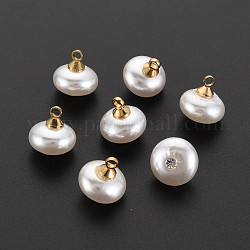 ABS Plastic Imitation Pearl Charms, with Golden Plated Brass Loop and Crystal Rhinestone, Flat Round, Creamy White, 10~11x10mm, Hole: 1.6mm