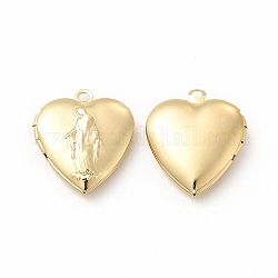 Colgantes de latón medallón, charms marco de la foto para los collares, Plateado de larga duración, corazón con amuleto de santo, real 18k chapado en oro, 22.5x19.5x5.5mm, agujero: 1.8 mm