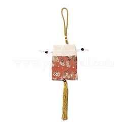 Brocade Sachet Bag, Drawstring Floral Embroidered Bag, Rectangle with Tassel, Coral, 42cm, Bag: 12.5x8.8x0.2cm, Bead: 0.8~0.9cm, Tassel: 12.5x1cm