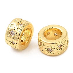Brass Micro Pave Cubic Zirconia European Beads, Large Hole Beads, Flat Round with Star, Real 18K Gold Plated, 7.5~8x4mm, Hole: 4.5mm