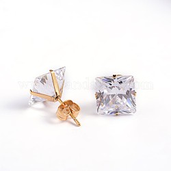 Square Cubic Zirconia Stud Earrings, with Golden Plated 304 Stainless Steel Pins, Clear, 5.5x5mm, Pin: 0.9mm