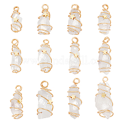 12Pcs Natural Quartz Crystal Copper Wire Wrapped Pendants, Rock Crystal, Nuggets Charm, Golden, 24~44x8~15x5~15.5mm, Hole: 2.5~4mm