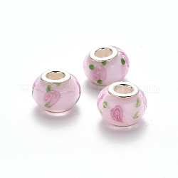 Perles européennes vernissées manuelles, perles de rondelle avec grand trou , en laiton de tonalité de platine noyaux doubles, perle rose, 14~15x9~10mm, Trou: 5mm