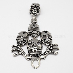 Retro Halloween Jewelry Skull 316 Stainless Steel Bones Pendants, Antique Silver, 72x60x5mm, Hole: 7x11mm